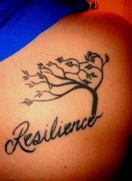 Tattoo with the word 'Resilience' and a tree